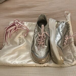 Metallic Silver Women's Fashion Sneakers with Pink Accents